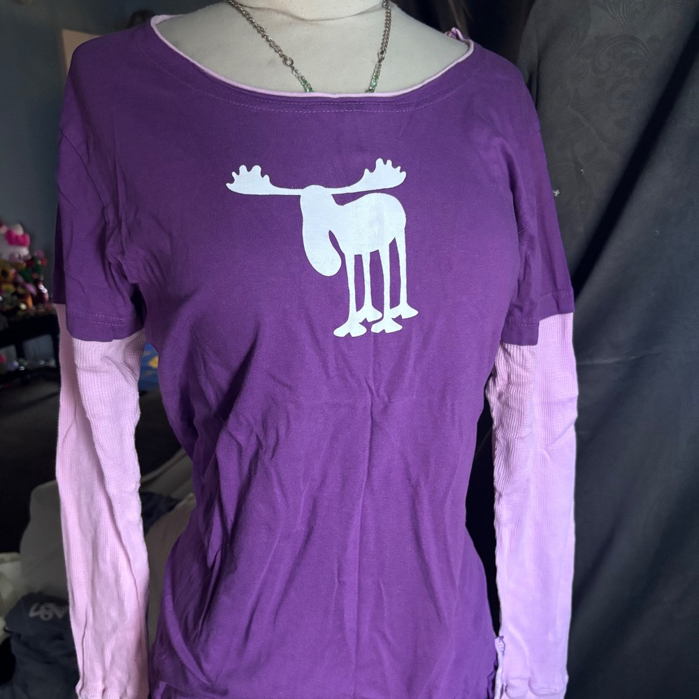 Lazy One Purple Moose Graphic Layered Long Sleeve Tee Women XL Cotton Scoop Neck